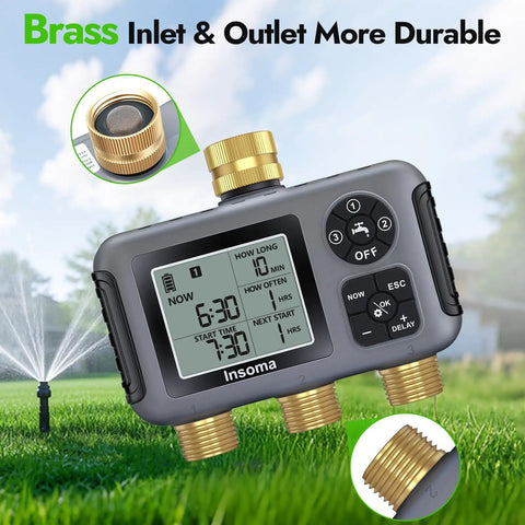Water Timer With Brass Inlet For Outdoor Hose 3 Independent Zones Auto Manual Rain Delay IPX5 Waterproof Sprinkler Controller
