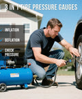 Man using Digital Tire Pressure Gauge With Inflator 3 To 250 PSI Kit on car tire, includes air chuck quick connect coupler and rubber hose.