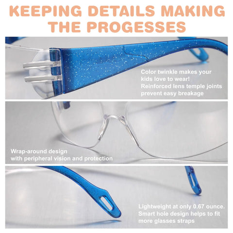 Kid Friendly 24 Pack Safety Glasses With Clear Lenses, Scratch Resistant, features on twinkle color frames and lens joints