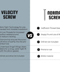 Comparison between Velocity Screw and Normal Screw with features list. Velocity Screw shown with Stick Tight Technology.
