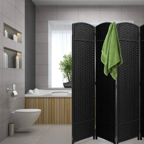 8 Panel Black Room Divider With Double Hinged Panels, 6 Ft Tall Folding Privacy Screen used as partition in modern bathroom