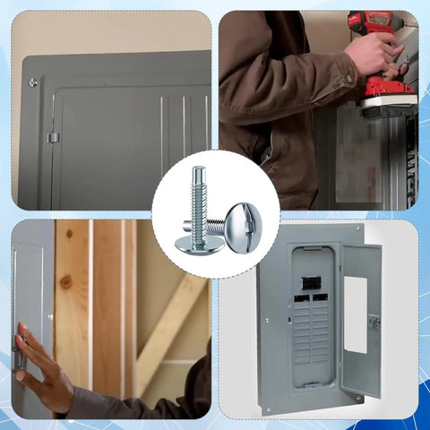 Professional Grade Load Center Cover Replacement Screws For Home Electrical Panel Boxes With Hella Tough Zinc Coated Steel and Dead Simple Snap Fit Breaker Housing Hardware in use securing a breaker panel.