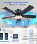 Slick 48 Inch Matte Black Flush Mount Ceiling Fan With Light, showing remote control with 6 speeds and smart functions.