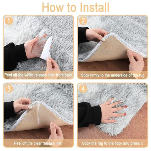 Installation steps for Triangle Anti Slip Rug Tape Pad Set Keeps Rugs In Place And Prevents Curling, Washable And Reusable Clear Rug Tape.