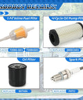 EZGO Golf Cart Tune Up Kit For TXT 2010 Up And RXV 2008 Up Gas Models showing inline fuel filter, oil pump filter, oil filter, spark plug.