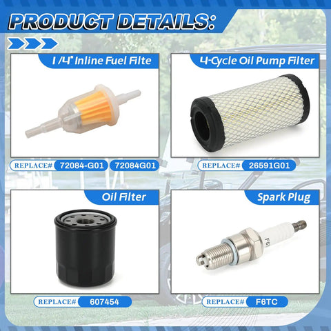 EZGO Golf Cart Tune Up Kit For TXT 2010 Up And RXV 2008 Up Gas Models showing inline fuel filter, oil pump filter, oil filter, spark plug.