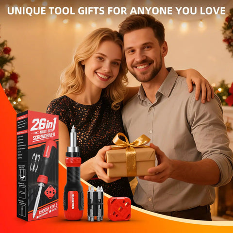 Couple holding gift with Ratcheting Screwdriver Set 26 In 1 With Double Ended CRV Bits Magnetic Demagnetizer in foreground