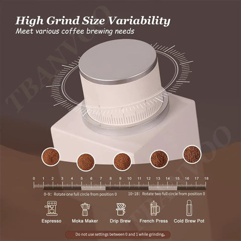 Skip The Store Bought Roast Grab This Small Electric Coffee Grinder With Stainless Steel Conical Burrs For Dead True Single Dose Espresso Pulls A Slim Tilt Frame Slashes Bean Waste For Smooth Daily Sips In Pure Black control panel showing grind size variability for espresso and drip brew.