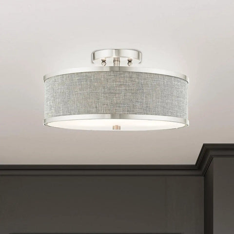 Park Ridge 3 Light Brushed Nickel Semi Flush Mount Ceiling Light With Oatmeal Hardback Fabric Shade 15 By 15 By 8 Inches Dope Look