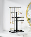 Black Jewelry Stand Organizer 14.5 Inch Tiered Display Tower with 3 tiers and 4 bars holding necklaces and earrings on dresser
