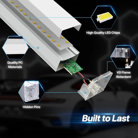 Components of Gen II Hexagon LED Light 168W 16800LM with honeycomb grid panel featuring LED chips, connectors, and materials.