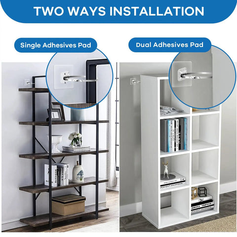 Image showing installation methods of Ready To Use Adhesive Furniture Wall Anchors With No Sweat Drill Free Anti Tip Safety Straps.