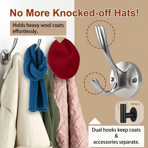 Heavy Duty Towel And Coat Hooks Two Pack In Brushed Nickel Wall Mounted Bathroom Hooks holding coats, scarf, and hat