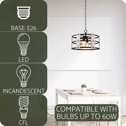 Open Drum 4 Light Modern Farmhouse Chandelier With Interchangeable Walnut And White Ash Wood Panels In Coarse Black Finish