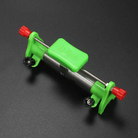 Knockout Adjustable Sliding Rheostat 2 Amp 20 Ohm Variable Resistor in green, used for physics experiments in labs.