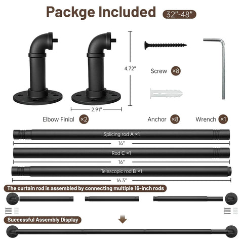 Assembly components of Heavy Duty 1 Inch Industrial Wrap Around Curtain Rod In Black, Adjustable 32 To 48 Inches, Thick 0.8mm Wall.