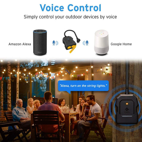 Voice control setup with Outdoor Two Socket Smart Plug WiFi Outlet, Alexa, and Google Home managing patio string lights.