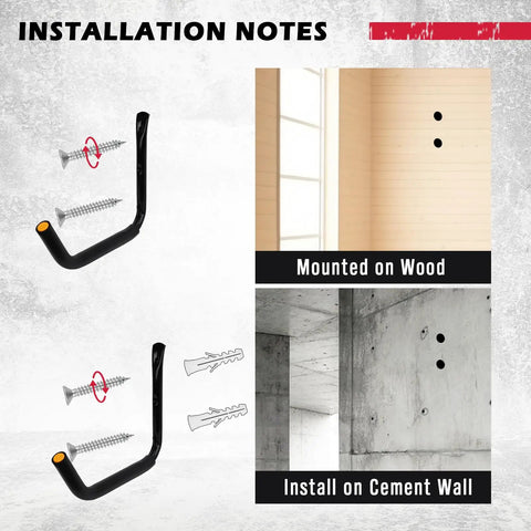 Installation instructions for Heavy Duty 4 Piece 15 Inch Garage Storage Hooks Wall Mount Set Up To 100 Lbs Per Hook Jumbo Arm