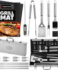 Grillin Ready 23 Piece BBQ Tool Set With Thermometer In Aluminum Case Stainless Steel Utensils Displayed Open with Tools Visible