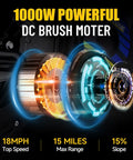 Diagram of Electric Dirt Bike for Kids 1000W 36V Youth Motocross motor with speed and range details, blue accents