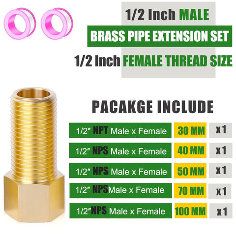 Brass 1/2 in pipe extension set with male-to-female adapters (NPT/NPS), 30–100 mm, 5 pieces for tub/shower