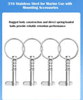Four One Quarter Inch Diameter Quick Release Pins For Bimini Tops In 316 Stainless Steel With Ring Set displayed vertically.