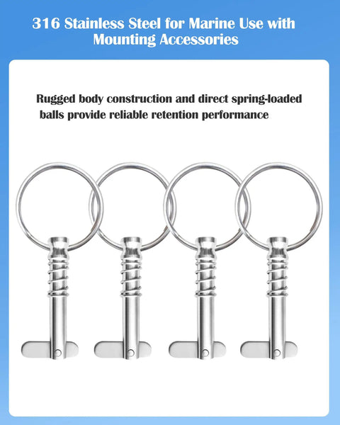 Four One Quarter Inch Diameter Quick Release Pins For Bimini Tops In 316 Stainless Steel With Ring Set displayed vertically.