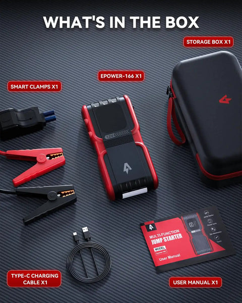 Heavy Duty 4000A Jump Starter With 20000mAh Power Bank, Type C Quick Charge, storage case, clamps, and manual