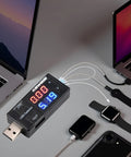 USB Power Meter And Current Tester For 3 To 9V 0 To 5A With LCD Display Voltage Detector connected to multiple devices