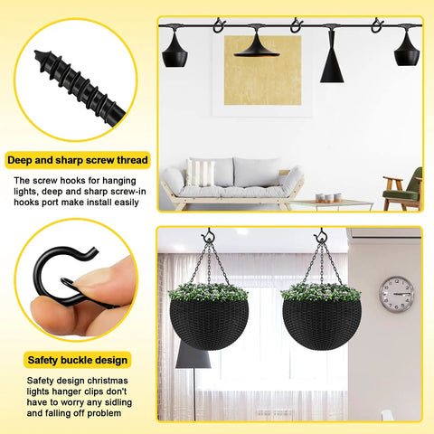 Heavy Duty Outdoor String Light Hooks 52 Pack Q Hanger Ceiling Hooks With Safety Buckle Black for hanging lights and plants