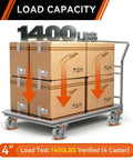 Four heavy boxes on a cart with 3-inch cast-iron wheels showcasing "1400 LBS" load capacity verification