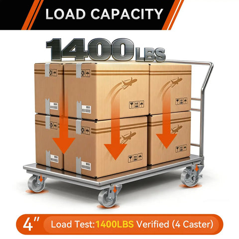 Four heavy boxes on a cart with 3-inch cast-iron wheels showcasing "1400 LBS" load capacity verification