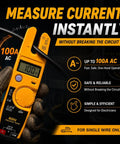 600V Voltage And Current Tester For Electrical Troubleshooting A Fast Reading Tool That Checks AC Voltage Current And Continuity In A Compact Handheld Meter Perfect For Electricians And DIY Pros. handheld yellow plastic meter testing 100A AC current on a single wire