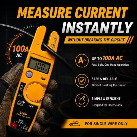 600V Voltage And Current Tester For Electrical Troubleshooting A Fast Reading Tool That Checks AC Voltage Current And Continuity In A Compact Handheld Meter Perfect For Electricians And DIY Pros. handheld yellow plastic meter testing 100A AC current on a single wire