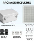 Outdoor Waterproof Electrical Box IP67 Junction Enclosure Made From ABS Plastic With Hinged Cover Mounting Plate And Wall Brackets Cable Glands Built Tough For Real World Weather Applications package contents