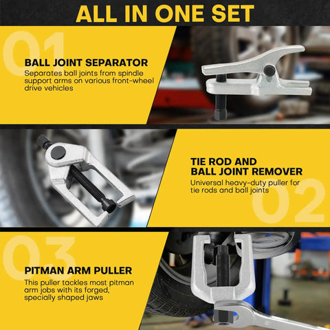 Image showing 5 In 1 Ball Joint Separator Kit With Pitman Arm Puller And Tie Rod End Tool Set for front end service.