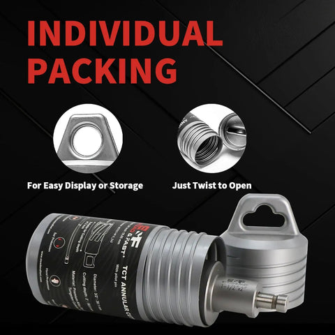 Premium Heat Treated Carbide Tipped Annular Cutter Core Drill Bit 2 Inch One Half Outside Diameter 2 Inch Deep Cut in individual packaging.