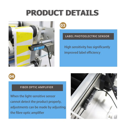 Workhorse Automatic Labeling Machine With Grippy Roller Conveyor photoelectric sensor detail for improved label efficiency.