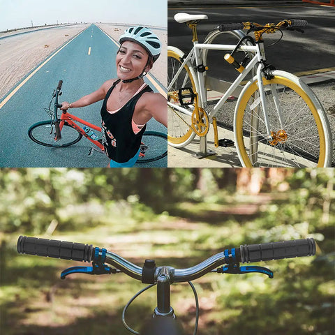 Non Slip Rubber Mountain Bike Handlebar Grips 4 Pairs For BMX MTB Kids Boys Girls Comfort Grip With Maximum Traction And Easy Install Soft Touch Rubber For All Weather Rides Durable Grips Black on a bicycle handlebar in a forest.