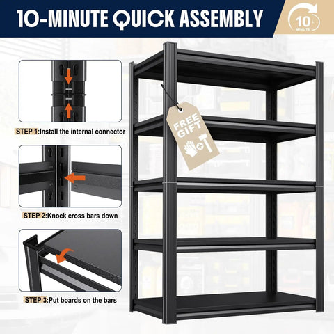 Beefy Five Tier Heavy Duty Metal Garage Shelving Unit With Adjustable Shelves for quick assembly in 10 minutes