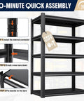 Beefy Heavy Duty Metal Garage Shelving Unit With Five Adjustable Shelves Stands 71.2 Inches Tall, 35.4 Inches Wide, 15.7 Inches Deep For Heavy Load Storage In Garage, Shop, Or Warehouse. 5-tier black steel rack with 10-minute assembly