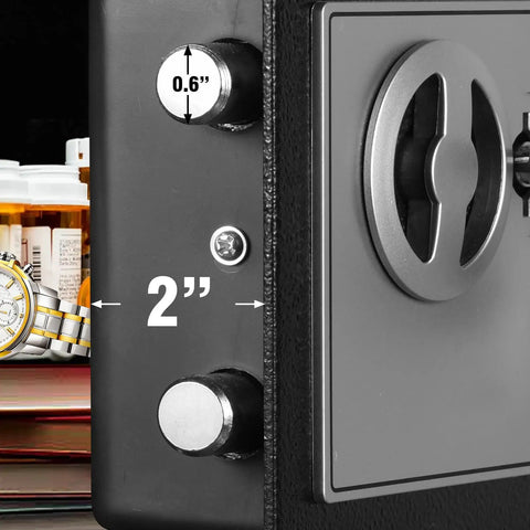 Close-up showing lock mechanism and door thickness of Mini Personal Safe Box 0.4 Cu Ft Beefy Steel Digital Safe for jewelry and cash security