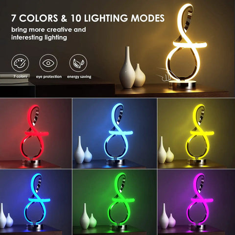 Modern Spiral Music Note Table Lamp With 7 RGB LED Colors Touch Control Dimmable Nightstand Light in various settings