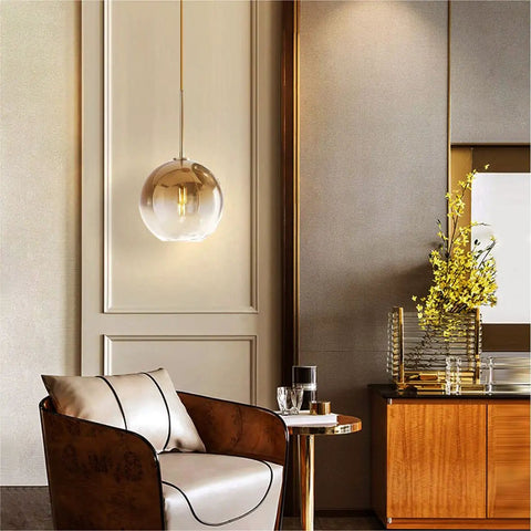 Modern Globe Pendant Light With Gradient Glass Shade, Gold Finish, 1 Light, Adjustable Height Chandelier For Dining Room, Kitchen, And Bedroom, E26 Base, Dope Mid Century Vibe, Premium Glass And Metal Fixture by seating area