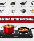 Dual Infrared 1800W Hot Plate Portable Electric Stove With Glass Cooktop And Adjustable Temperature Control Stainless Steel Double Burner displaying various cookware types.