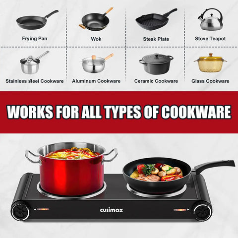 Dual Infrared 1800W Hot Plate Portable Electric Stove With Glass Cooktop And Adjustable Temperature Control Stainless Steel Double Burner displaying various cookware types.