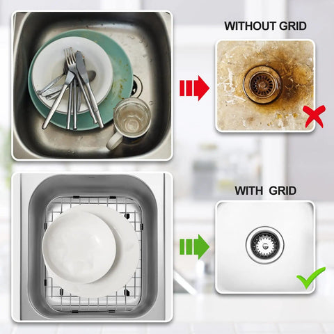 Comparison of sink cleanliness with and without 2Pack Stainless Steel Sink Grids For Double Kitchen Sink Bottom Protection