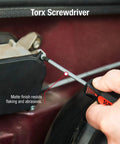 Person using Heavy Duty 20 Piece Combo Screwdriver Set With Slotted, Phillips, And Torx Drivers, Matte Finish Resists Flaking And Abrasion.