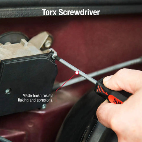 Person using Heavy Duty 20 Piece Combo Screwdriver Set With Slotted, Phillips, And Torx Drivers, Matte Finish Resists Flaking And Abrasion.