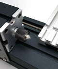 Close-up of the adjustable tailstock on the 60W Mini Bench Electric Lathe Machine 12000 RPM All Metal Woodworking Tool.